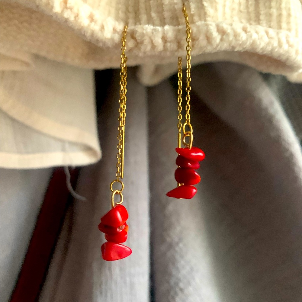 Coral Gemstone Threader Earrings